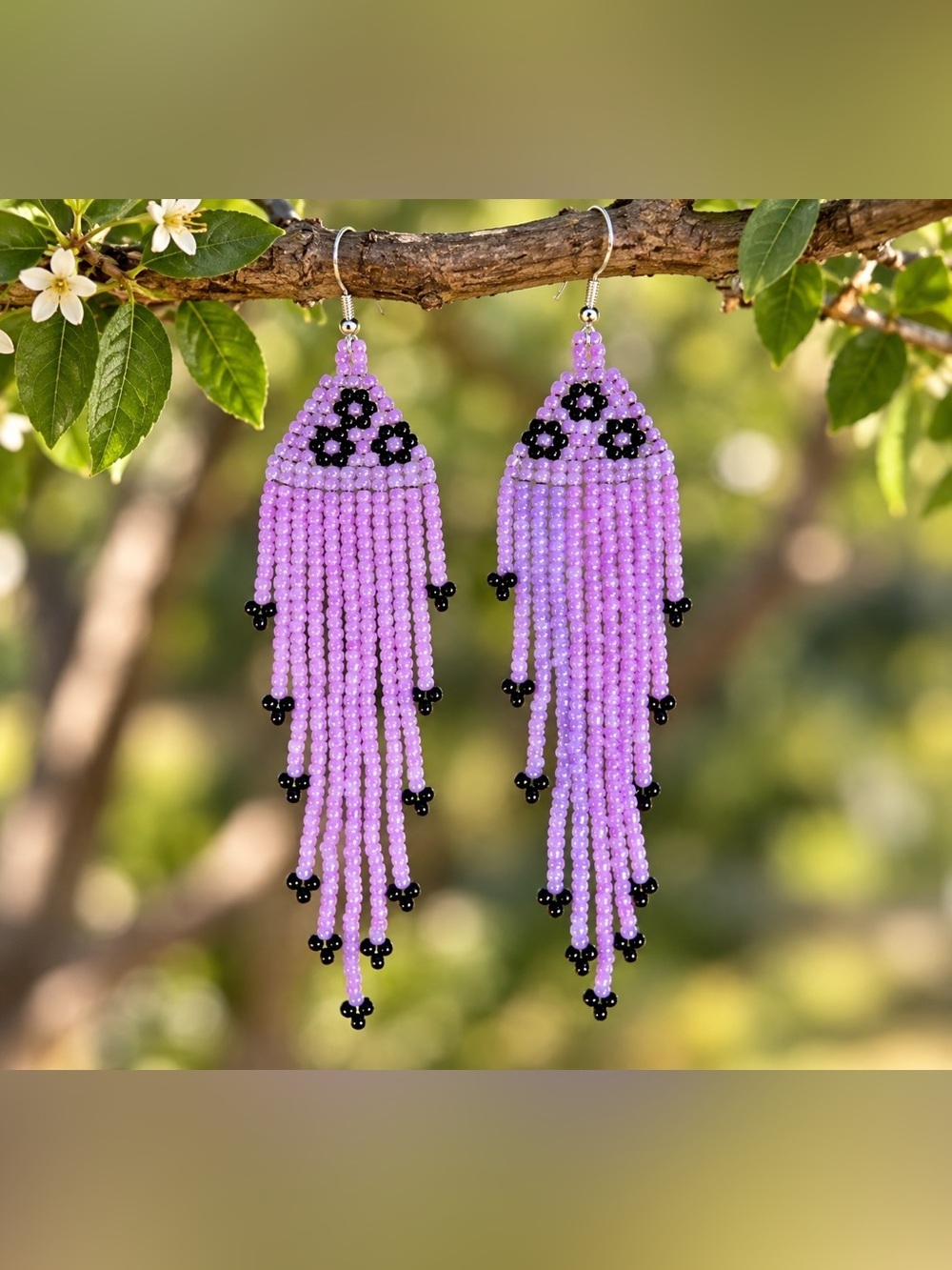Purple and Black Beaded Fringe Earrings
